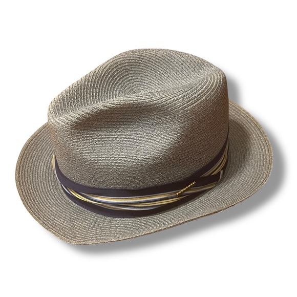 Grey Straw Stetson Fedora Travelers Hat w Striped Ribbon Pin - Main Image